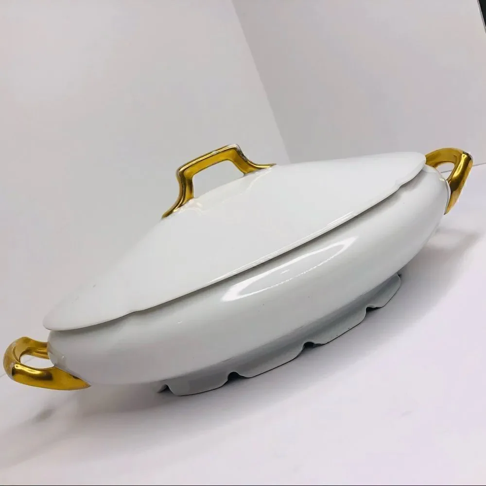 Vintage PSL Imperial Austria Porcelain Soup Tureen With Lid – Gold Trim, Oval Se